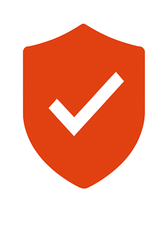 A red shield icon with a white checkmark